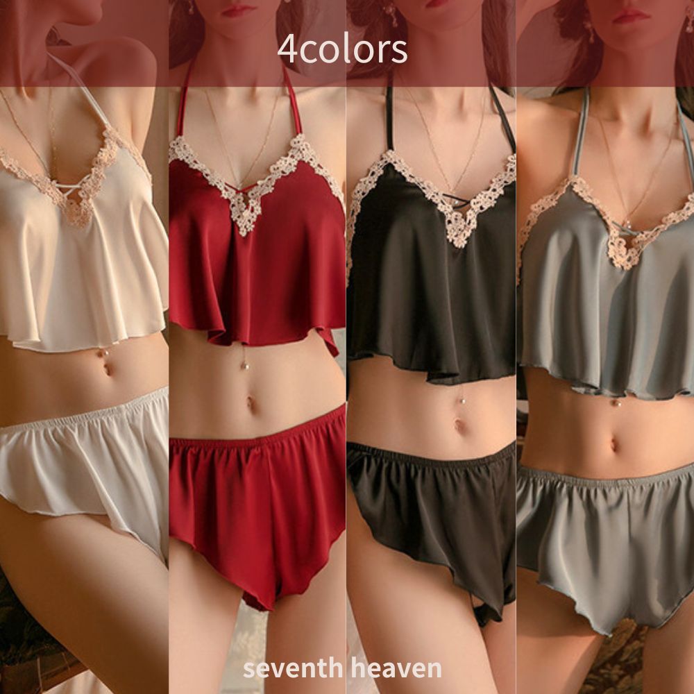ルームウエア セクシーランジェリー フレア サテン 上下セット セットアップ かわいい くすみ ホルターネック ナイトウエア